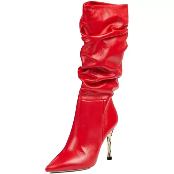 imageFSJ Women Trendy Slouch High Heel Mid Calf Boots Stiletto Pointed Toe Booties Side Zipper Ladies Winter Nightclub Party Dress Knee High Boots Size 415 USRed