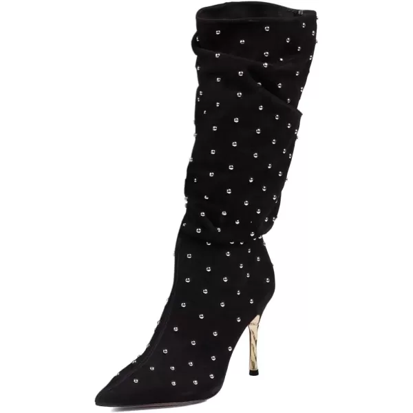 imageFSJ Women Trendy Slouch High Heel Mid Calf Boots Stiletto Pointed Toe Booties Side Zipper Ladies Winter Nightclub Party Dress Knee High Boots Size 415 USBlack