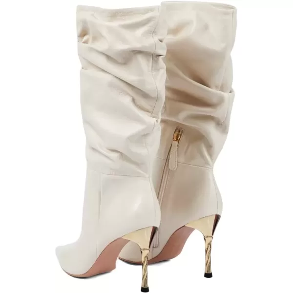 imageFSJ Women Trendy Slouch High Heel Mid Calf Boots Stiletto Pointed Toe Booties Side Zipper Ladies Winter Nightclub Party Dress Knee High Boots Size 415 USWhite