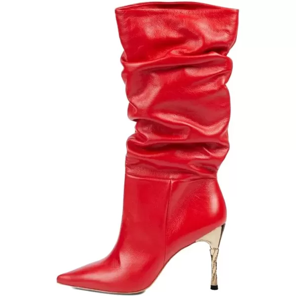 imageFSJ Women Trendy Slouch High Heel Mid Calf Boots Stiletto Pointed Toe Booties Side Zipper Ladies Winter Nightclub Party Dress Knee High Boots Size 415 USRed