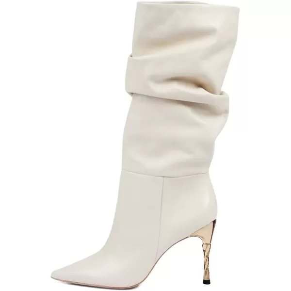 imageFSJ Women Trendy Slouch High Heel Mid Calf Boots Stiletto Pointed Toe Booties Side Zipper Ladies Winter Nightclub Party Dress Knee High Boots Size 415 USWhite