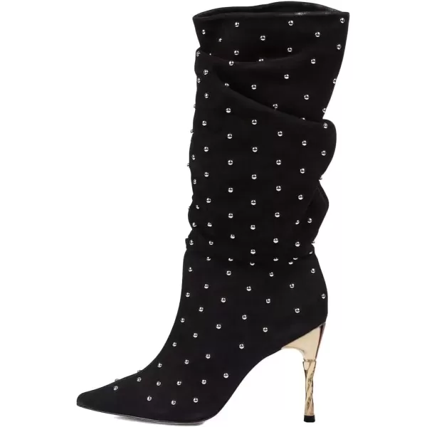 imageFSJ Women Trendy Slouch High Heel Mid Calf Boots Stiletto Pointed Toe Booties Side Zipper Ladies Winter Nightclub Party Dress Knee High Boots Size 415 USBlack
