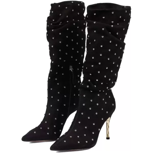 imageFSJ Women Trendy Slouch High Heel Mid Calf Boots Stiletto Pointed Toe Booties Side Zipper Ladies Winter Nightclub Party Dress Knee High Boots Size 415 USBlack