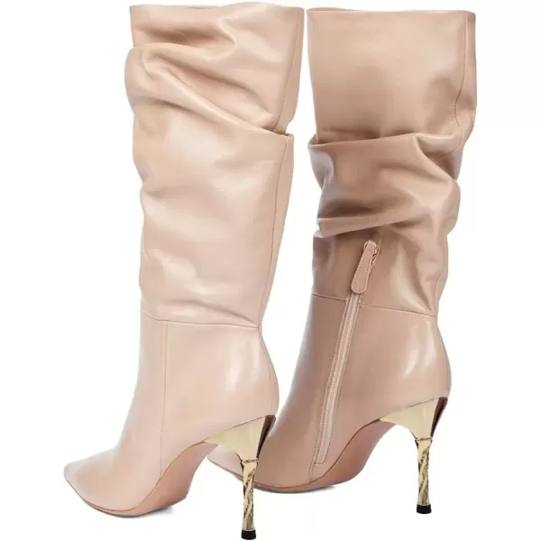 imageFSJ Women Trendy Slouch High Heel Mid Calf Boots Stiletto Pointed Toe Booties Side Zipper Ladies Winter Nightclub Party Dress Knee High Boots Size 415 USLight Pink