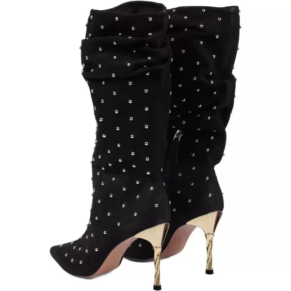 imageFSJ Women Trendy Slouch High Heel Mid Calf Boots Stiletto Pointed Toe Booties Side Zipper Ladies Winter Nightclub Party Dress Knee High Boots Size 415 USBlack