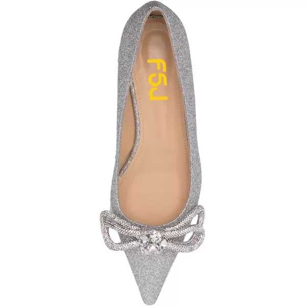 imageFSJ Women Chic Pointed Toe Low Chunky Heels Dress Pump Sparkling Glitter Crystal Bowknot Slip On Flats Wedding Party Shoes Size 415 USSilver