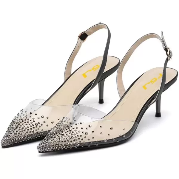 imageFSJ Women Crystal Studded Clear Pumps Sparkle Rhinestones Mid Low Heel Sandals Slingback Dorsay Pointed Toe Wedding Shoes Size 415 USBlack