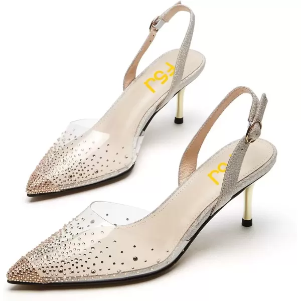 imageFSJ Women Crystal Studded Clear Pumps Sparkle Rhinestones Mid Low Heel Sandals Slingback Dorsay Pointed Toe Wedding Shoes Size 415 USBrown