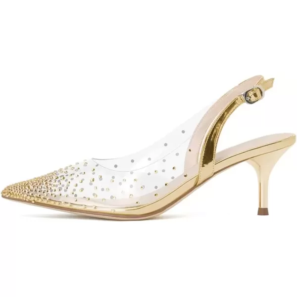 imageFSJ Women Crystal Studded Clear Pumps Sparkle Rhinestones Mid Low Heel Sandals Slingback Dorsay Pointed Toe Wedding Shoes Size 415 USGold