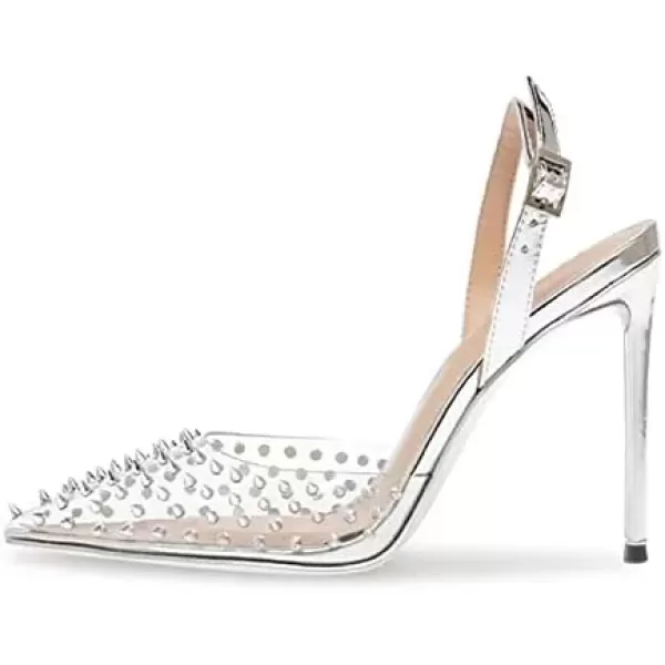 imageFSJ Women Crystal Studded Clear Pumps Sparkle Rhinestones Mid Low Heel Sandals Slingback Dorsay Pointed Toe Wedding Shoes Size 415 USSilver10 Cm