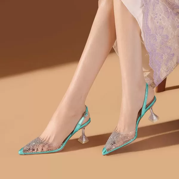 imageFSJ Women Crystal Studded Clear Pumps Sparkle Rhinestones Mid Low Heel Sandals Slingback Dorsay Pointed Toe Wedding Shoes Size 415 USTurquoise