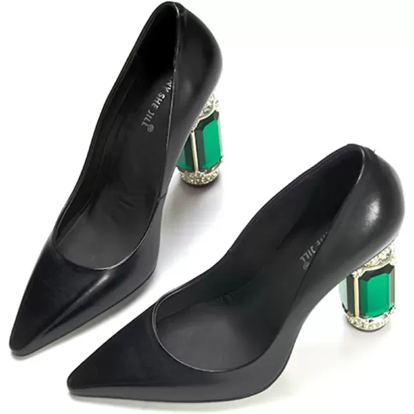 imageFSJ Women Leather Crystal Chunky High Heel Pumps Pointed Toe Slip on Wedding Parrty Dress Shoes Size 412 USBlack