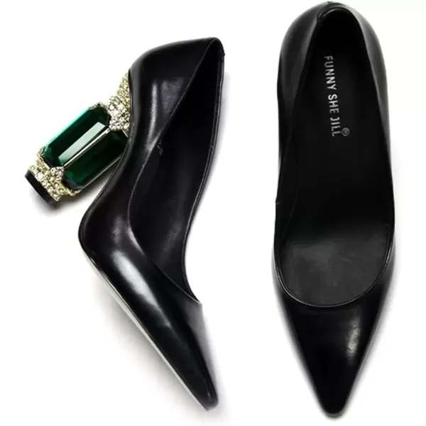 imageFSJ Women Leather Crystal Chunky High Heel Pumps Pointed Toe Slip on Wedding Parrty Dress Shoes Size 412 USBlack