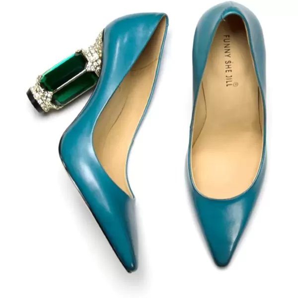 imageFSJ Women Leather Crystal Chunky High Heel Pumps Pointed Toe Slip on Wedding Parrty Dress Shoes Size 412 USBlue
