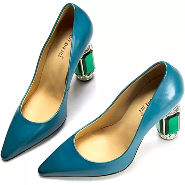 imageFSJ Women Leather Crystal Chunky High Heel Pumps Pointed Toe Slip on Wedding Parrty Dress Shoes Size 412 USBlue