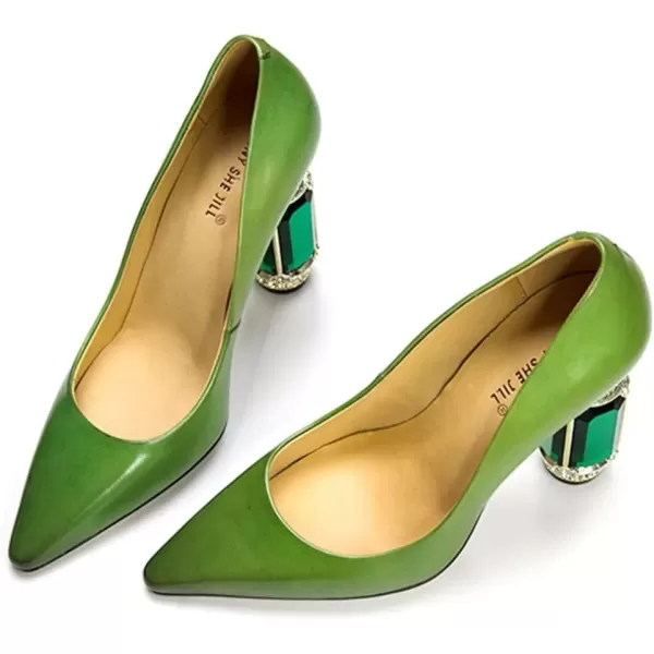 imageFSJ Women Leather Crystal Chunky High Heel Pumps Pointed Toe Slip on Wedding Parrty Dress Shoes Size 412 USGreen