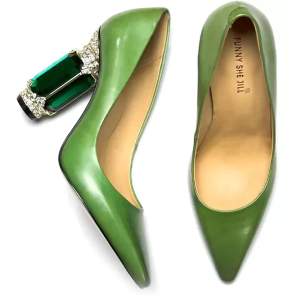 imageFSJ Women Leather Crystal Chunky High Heel Pumps Pointed Toe Slip on Wedding Parrty Dress Shoes Size 412 USGreen