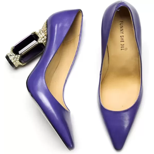 imageFSJ Women Leather Crystal Chunky High Heel Pumps Pointed Toe Slip on Wedding Parrty Dress Shoes Size 412 USPurple