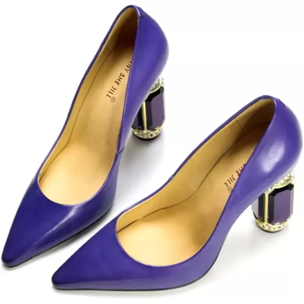 imageFSJ Women Leather Crystal Chunky High Heel Pumps Pointed Toe Slip on Wedding Parrty Dress Shoes Size 412 USPurple