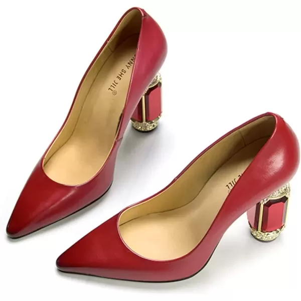 imageFSJ Women Leather Crystal Chunky High Heel Pumps Pointed Toe Slip on Wedding Parrty Dress Shoes Size 412 USRed