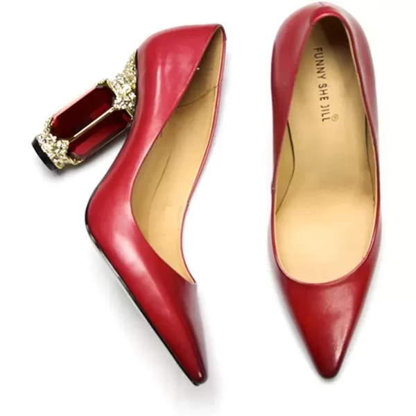 imageFSJ Women Leather Crystal Chunky High Heel Pumps Pointed Toe Slip on Wedding Parrty Dress Shoes Size 412 USRed