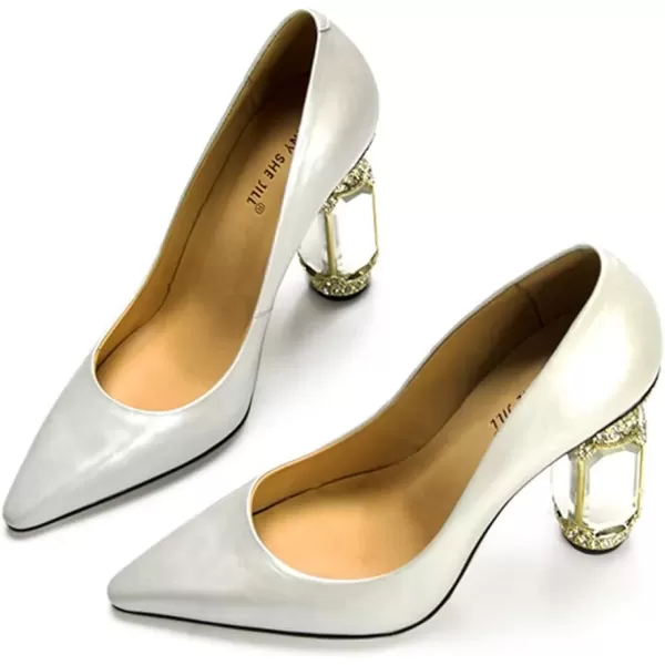 imageFSJ Women Leather Crystal Chunky High Heel Pumps Pointed Toe Slip on Wedding Parrty Dress Shoes Size 412 USWhite