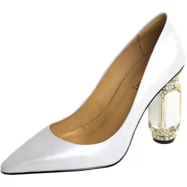 imageFSJ Women Leather Crystal Chunky High Heel Pumps Pointed Toe Slip on Wedding Parrty Dress Shoes Size 412 USWhite