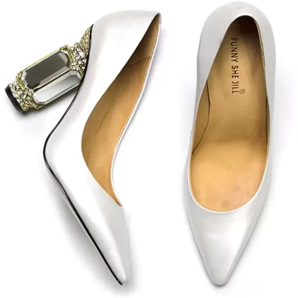 imageFSJ Women Leather Crystal Chunky High Heel Pumps Pointed Toe Slip on Wedding Parrty Dress Shoes Size 412 USWhite