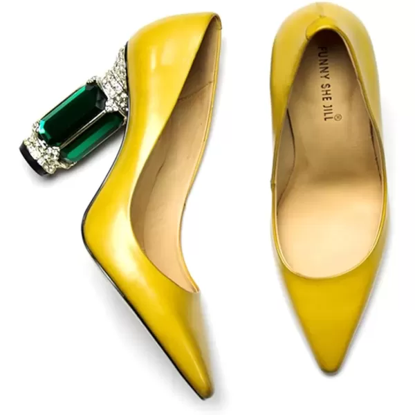 imageFSJ Women Leather Crystal Chunky High Heel Pumps Pointed Toe Slip on Wedding Parrty Dress Shoes Size 412 USYellow