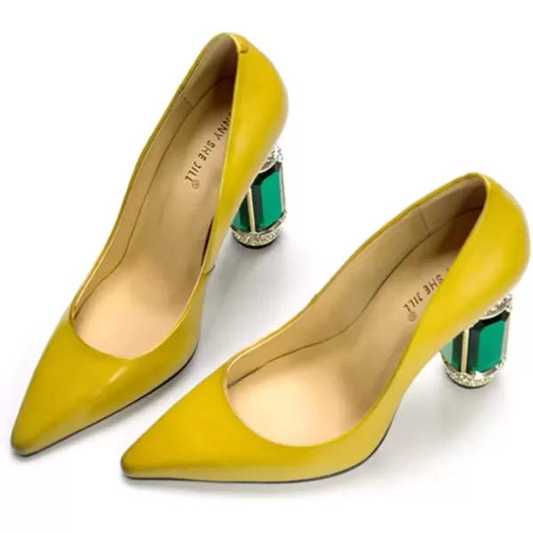 imageFSJ Women Leather Crystal Chunky High Heel Pumps Pointed Toe Slip on Wedding Parrty Dress Shoes Size 412 USYellow
