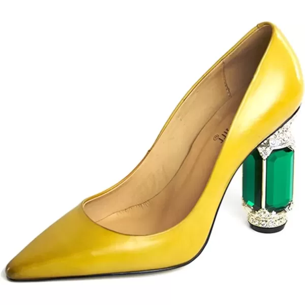 imageFSJ Women Leather Crystal Chunky High Heel Pumps Pointed Toe Slip on Wedding Parrty Dress Shoes Size 412 USYellow