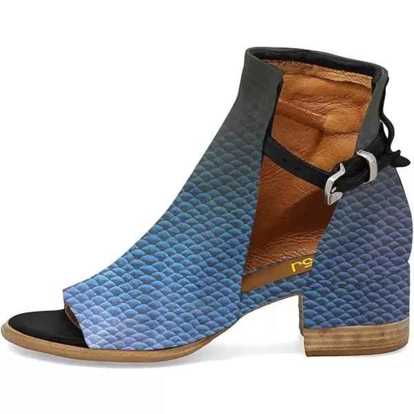 imageFSJ Women Peep Open Toe Sandals Boot Cut Out Buckle Ankle Bootie Comfortable Stacked Block Low Heeled Summer Sandal Shoes Size 415 M USBlue Scales