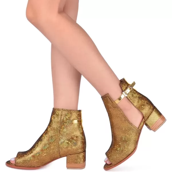 imageFSJ Women Peep Open Toe Sandals Boot Cut Out Buckle Ankle Bootie Comfortable Stacked Block Low Heeled Summer Sandal Shoes Size 415 M USGold Sequins