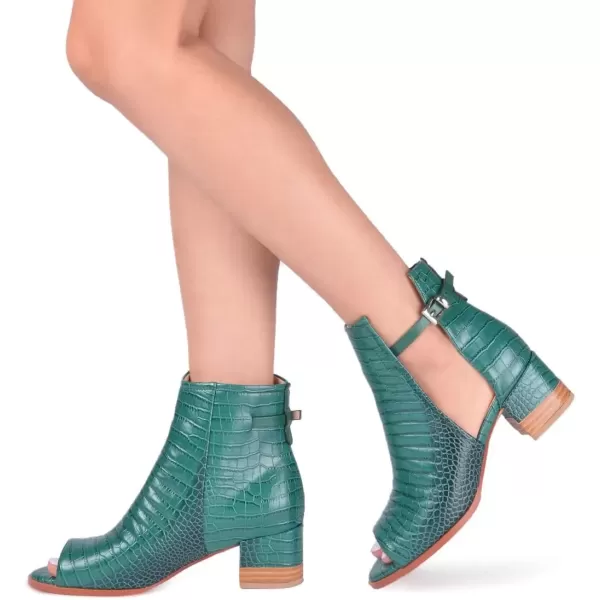 imageFSJ Women Peep Open Toe Sandals Boot Cut Out Buckle Ankle Bootie Comfortable Stacked Block Low Heeled Summer Sandal Shoes Size 415 M USGreen Crocodile