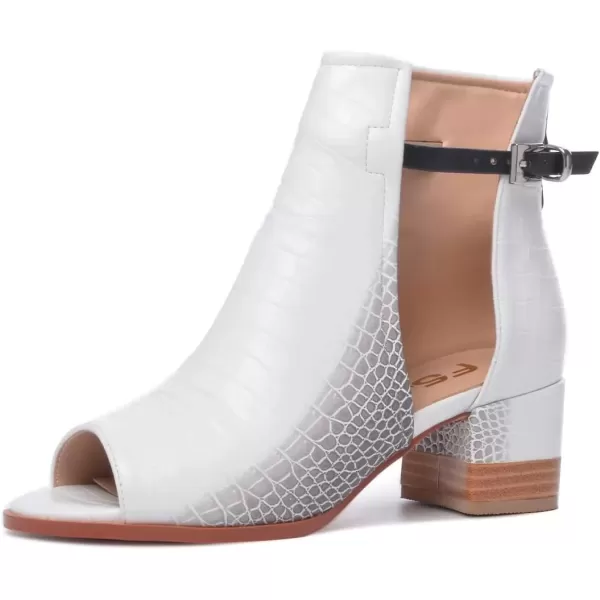 imageFSJ Women Peep Open Toe Sandals Boot Cut Out Buckle Ankle Bootie Comfortable Stacked Block Low Heeled Summer Sandal Shoes Size 415 M USWhite Crocodile