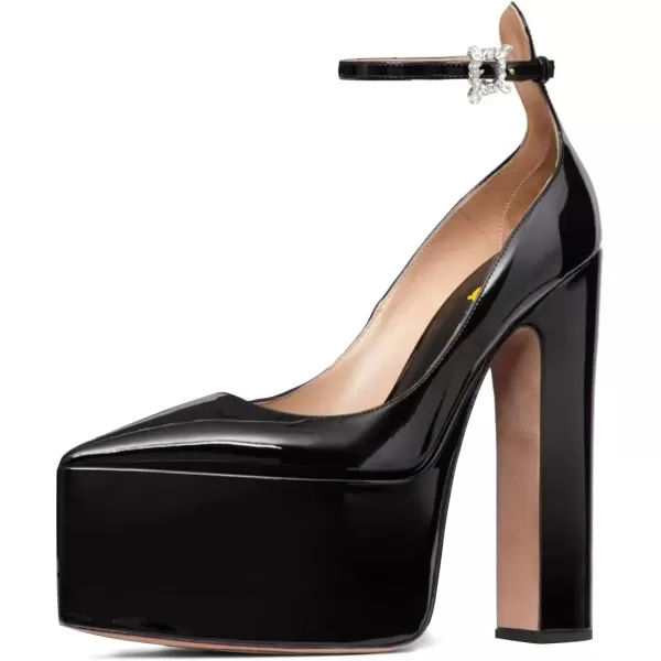 imageFSJ Women Pointed Toe Chunky Heel Ankle Strap Pumps High Platform Block Heel with Rhinestone Buckle Shoes Size 415 USBlack