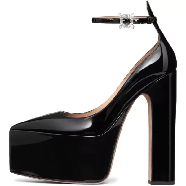 imageFSJ Women Pointed Toe Chunky Heel Ankle Strap Pumps High Platform Block Heel with Rhinestone Buckle Shoes Size 415 USBlack