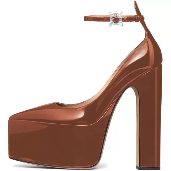 imageFSJ Women Pointed Toe Chunky Heel Ankle Strap Pumps High Platform Block Heel with Rhinestone Buckle Shoes Size 415 USBrown