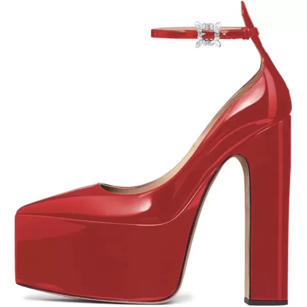 imageFSJ Women Pointed Toe Chunky Heel Ankle Strap Pumps High Platform Block Heel with Rhinestone Buckle Shoes Size 415 USRed