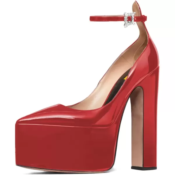 imageFSJ Women Pointed Toe Chunky Heel Ankle Strap Pumps High Platform Block Heel with Rhinestone Buckle Shoes Size 415 USRed