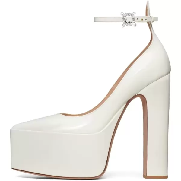 imageFSJ Women Pointed Toe Chunky Heel Ankle Strap Pumps High Platform Block Heel with Rhinestone Buckle Shoes Size 415 USWhite