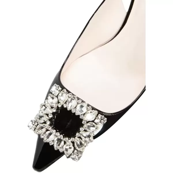 imageFSJ Women Pointed Toe Slingback Wedding Pumps Chunky Low Heel Rhinestone Sandals Crystal Dress Party Office Shoe with Buckle Size 415 M USBlack Crystal Square Buckle