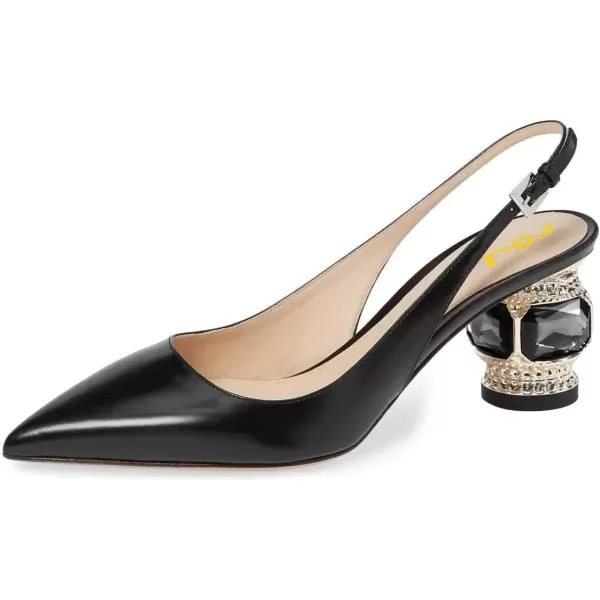 imageFSJ Women Pointed Toe Slingback Wedding Pumps Chunky Low Heel Rhinestone Sandals Crystal Dress Party Office Shoe with Buckle Size 415 M USBlack Matte