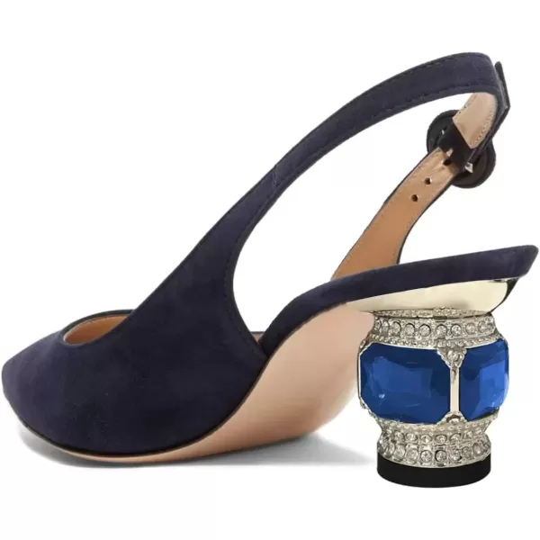 imageFSJ Women Pointed Toe Slingback Wedding Pumps Chunky Low Heel Rhinestone Sandals Crystal Dress Party Office Shoe with Buckle Size 415 M USBlue Suede