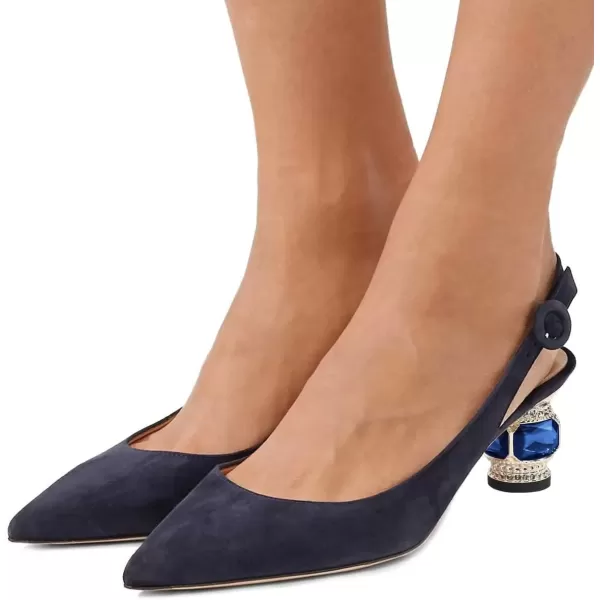 imageFSJ Women Pointed Toe Slingback Wedding Pumps Chunky Low Heel Rhinestone Sandals Crystal Dress Party Office Shoe with Buckle Size 415 M USBlue Suede