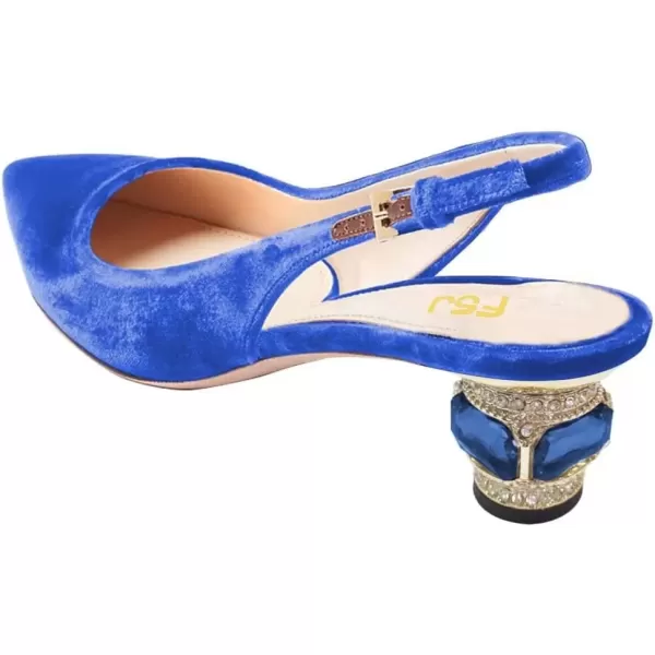 imageFSJ Women Pointed Toe Slingback Wedding Pumps Chunky Low Heel Rhinestone Sandals Crystal Dress Party Office Shoe with Buckle Size 415 M USBlue Velvet