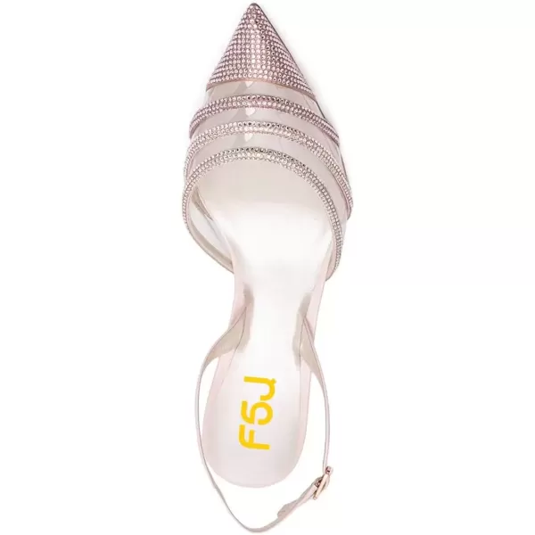 imageFSJ Women Pointed Toe Slingback Wedding Pumps Chunky Low Heel Rhinestone Sandals Crystal Dress Party Office Shoe with Buckle Size 415 M USChampagne