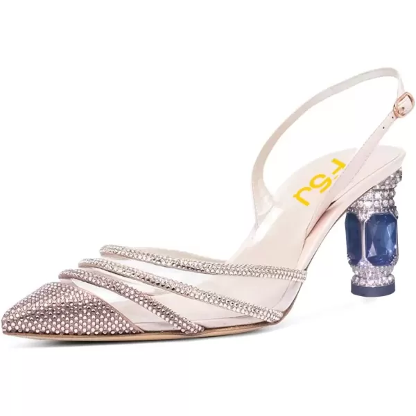 imageFSJ Women Pointed Toe Slingback Wedding Pumps Chunky Low Heel Rhinestone Sandals Crystal Dress Party Office Shoe with Buckle Size 415 M USChampagne