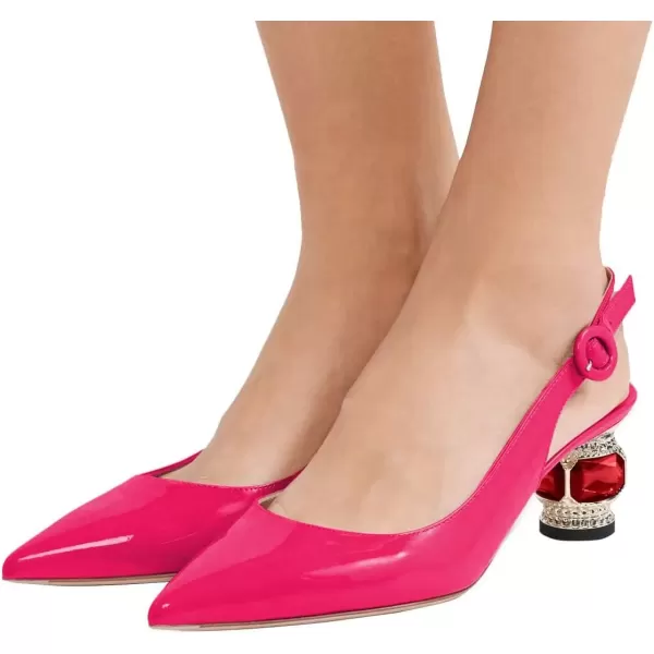 imageFSJ Women Pointed Toe Slingback Wedding Pumps Chunky Low Heel Rhinestone Sandals Crystal Dress Party Office Shoe with Buckle Size 415 M USFuchsia Glossy