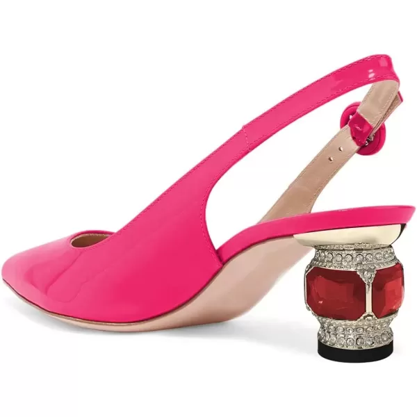 imageFSJ Women Pointed Toe Slingback Wedding Pumps Chunky Low Heel Rhinestone Sandals Crystal Dress Party Office Shoe with Buckle Size 415 M USFuchsia Glossy